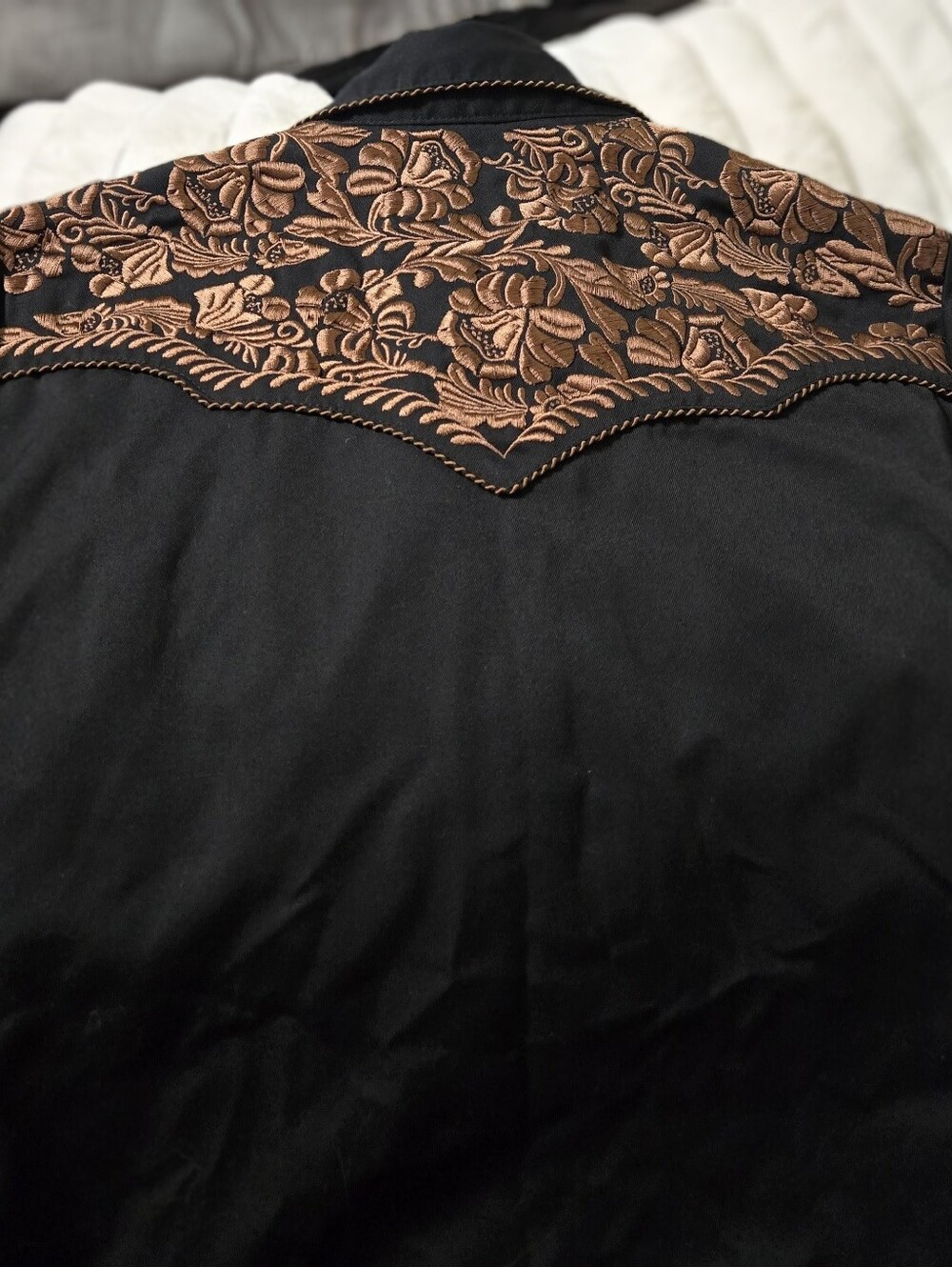 Unisex Scully Black Western Shirt with Copper Embroidery & Copper Snaps Sz XS - Picture 4 of 4